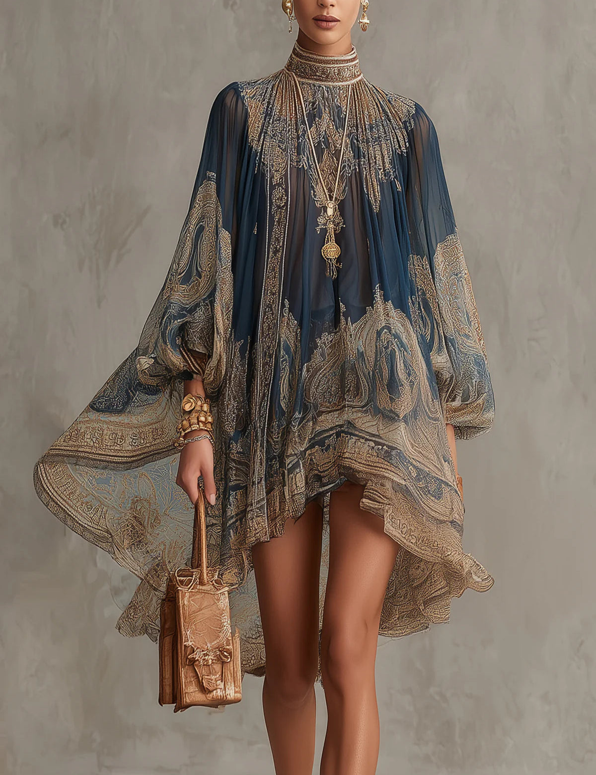 Bérénice - robe mini à imprimé baroque bleu marine pour femme