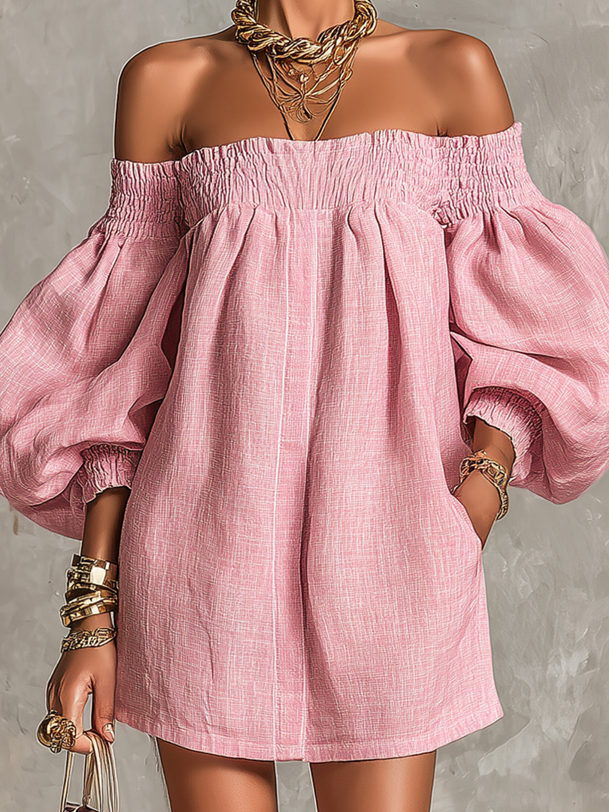 Violette - robe mini trapèze rose à manches lanterne pour femme - vue 3