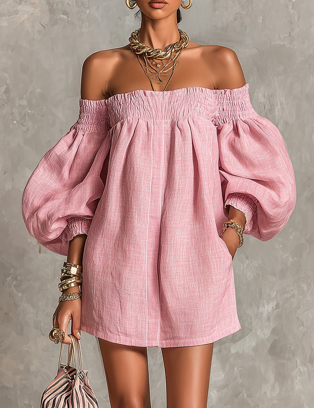 Violette - robe mini trapèze rose à manches lanterne pour femme