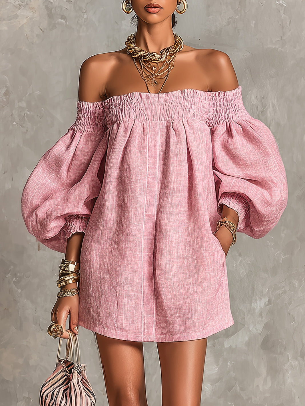 Violette - robe mini trapèze rose à manches lanterne pour femme