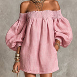 Violette - robe mini trapèze rose à manches lanterne pour femme
