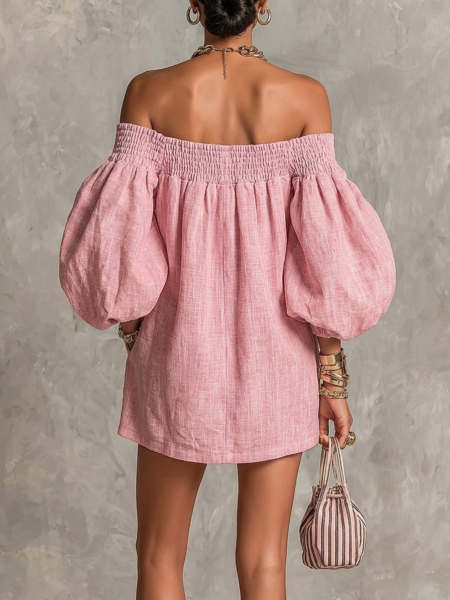 Violette - robe mini trapèze rose à manches lanterne pour femme - vue 2