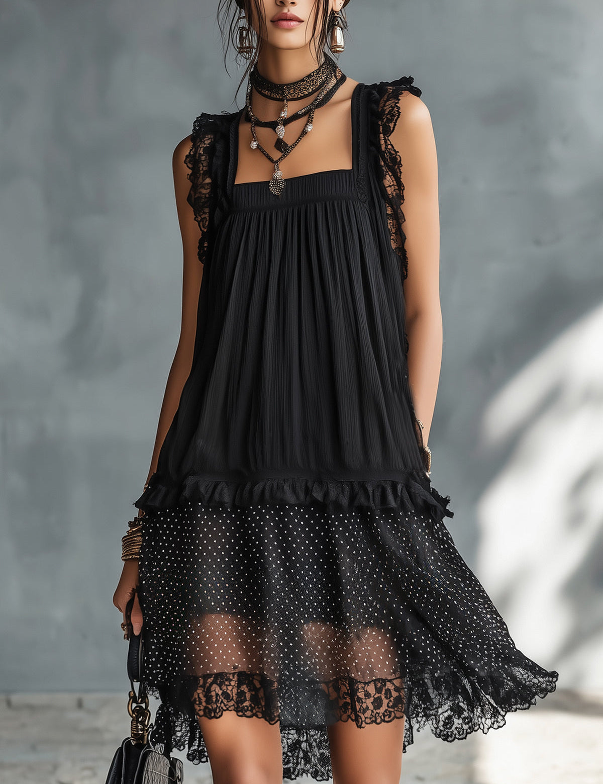 Pauline - robe mini transparente à pois et bordure en dentelle pour femme