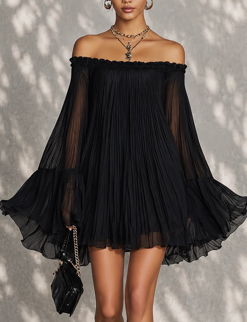 Océane - robe mini noire à manches cloche pour femme