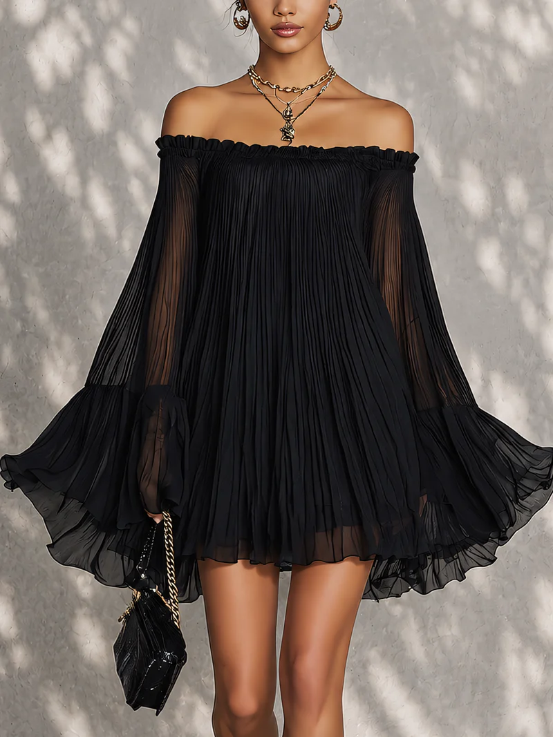 Océane - robe mini noire à manches cloche pour femme