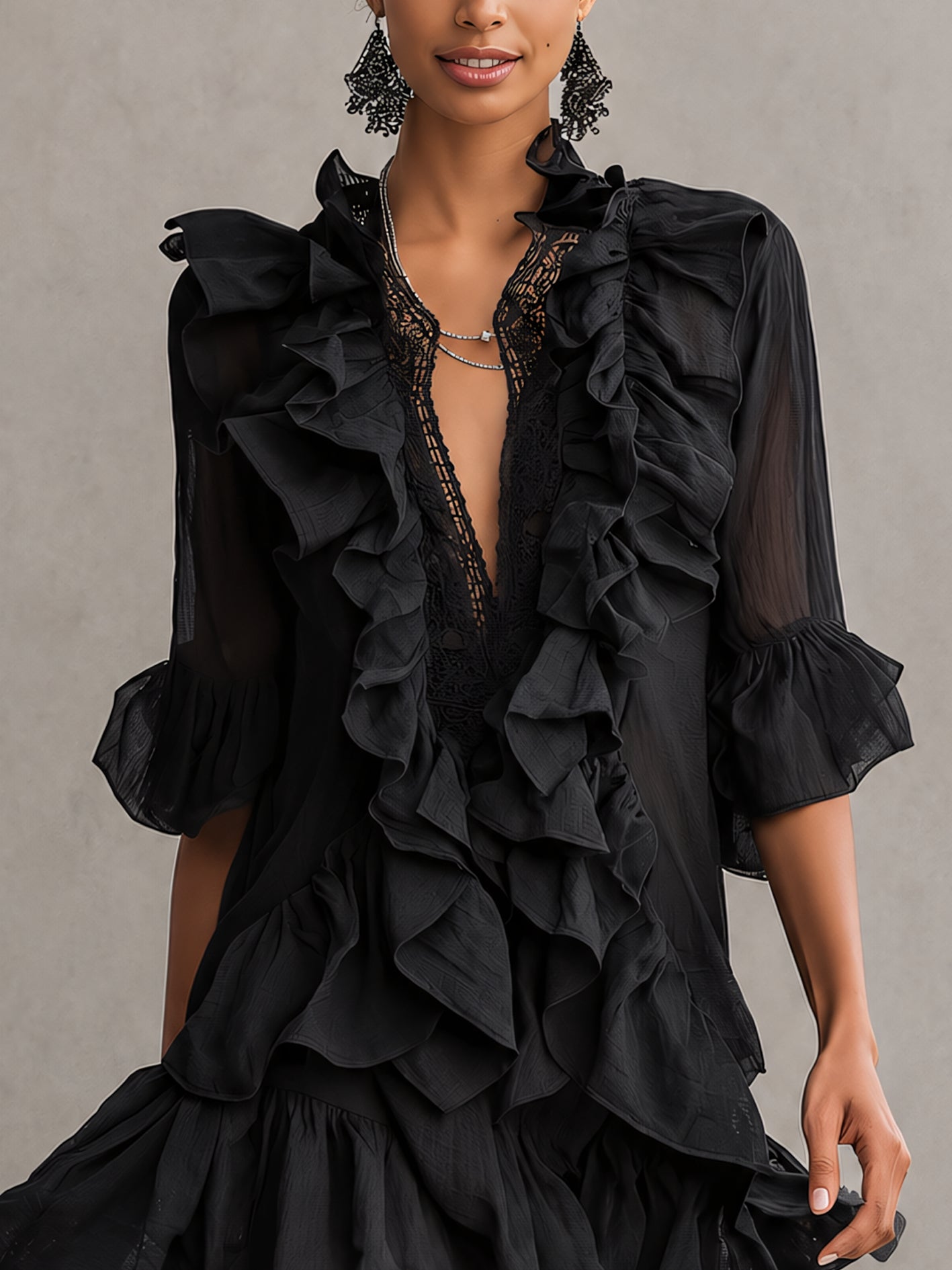 Anaïs - robe mini en mousseline noire à volants pour femme - vue 3