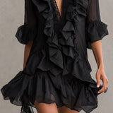Anaïs - robe mini en mousseline noire à volants pour femme - vue 4