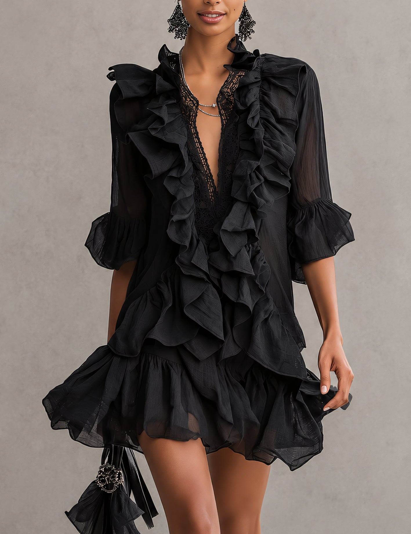 Anaïs - robe mini en mousseline noire à volants pour femme