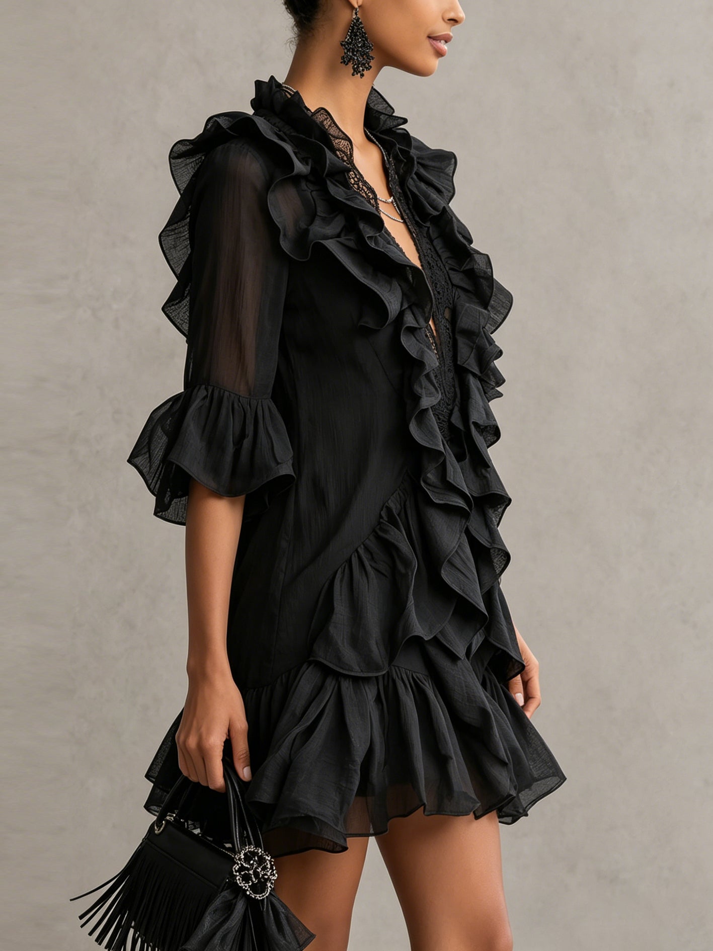 Anaïs - robe mini en mousseline noire à volants pour femme - vue 2