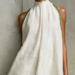 Agathe - robe mini trapèze blanche et vert olive à fleurs pour femme - vue 4