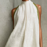 Agathe - robe mini trapèze blanche et vert olive à fleurs pour femme - vue 4