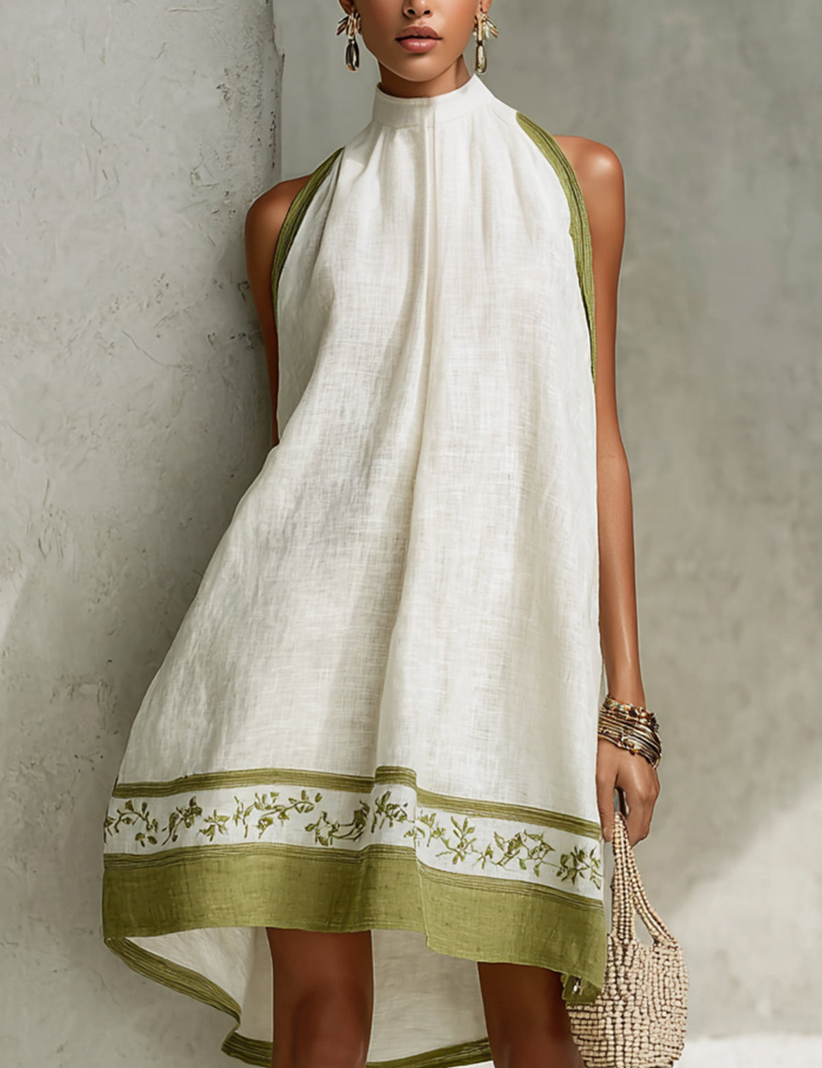 Agathe - robe mini trapèze blanche et vert olive à fleurs pour femme