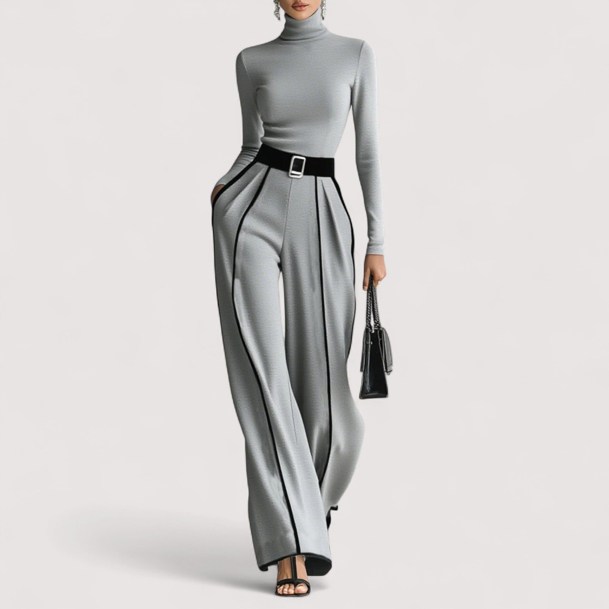 Nolia™ | Haut à col montant à manches longues blanc avec pantalon large et ceinture