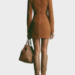 Joëlle : robe mini en suédine marron à col montant et fermeture éclair | AMORA MODE