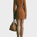 Joëlle : robe mini en suédine marron à col montant et fermeture éclair | AMORA MODE