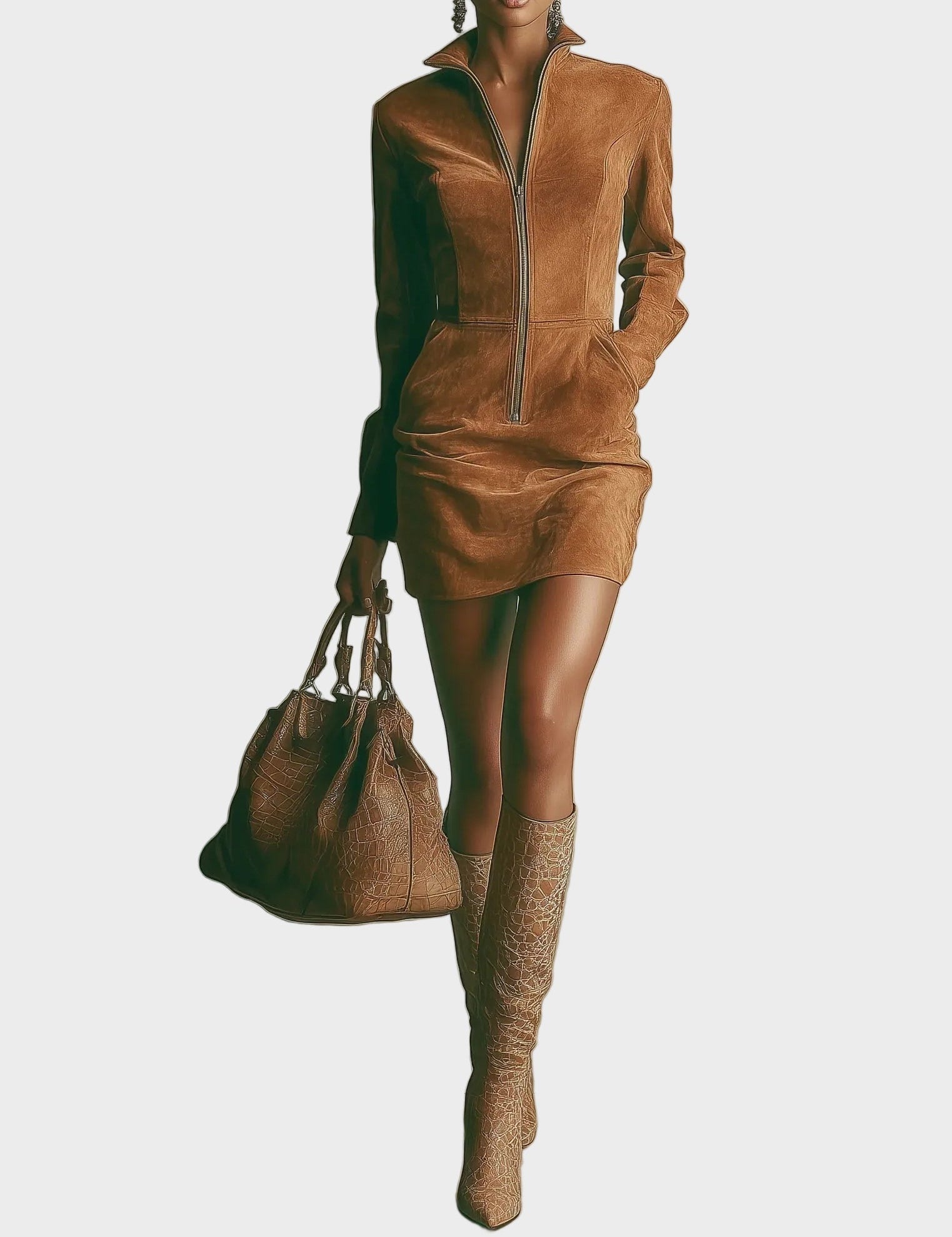 Joëlle - robe mini en suédine marron à col montant et fermeture éclair | AMORA MODE