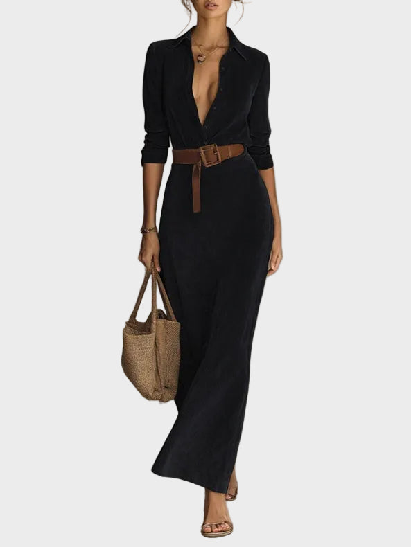 Odette - robe maxi en suédine à simple boutonnage et col | AMORA MODE