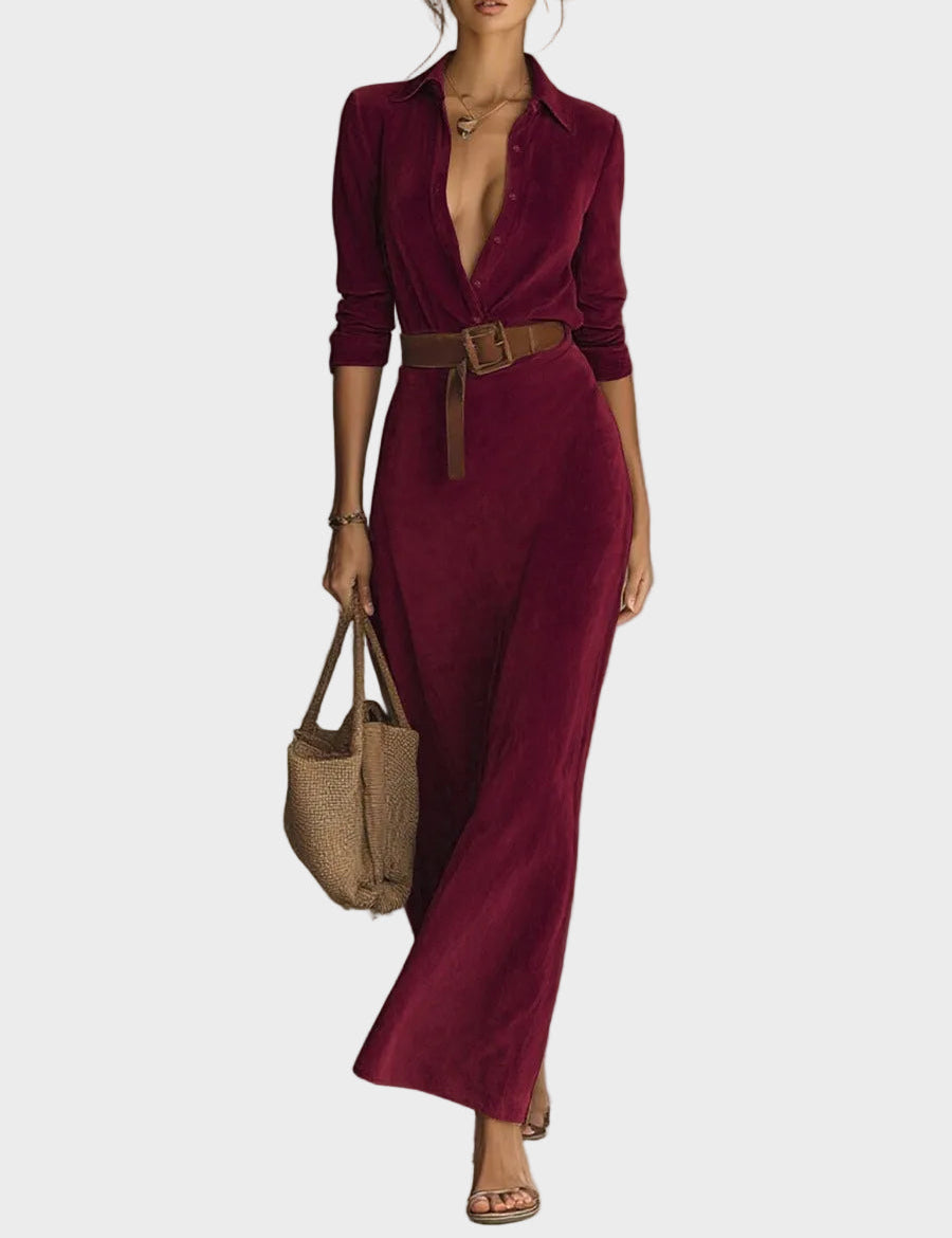 Odette : robe maxi en suédine à simple boutonnage et col | AMORA MODE