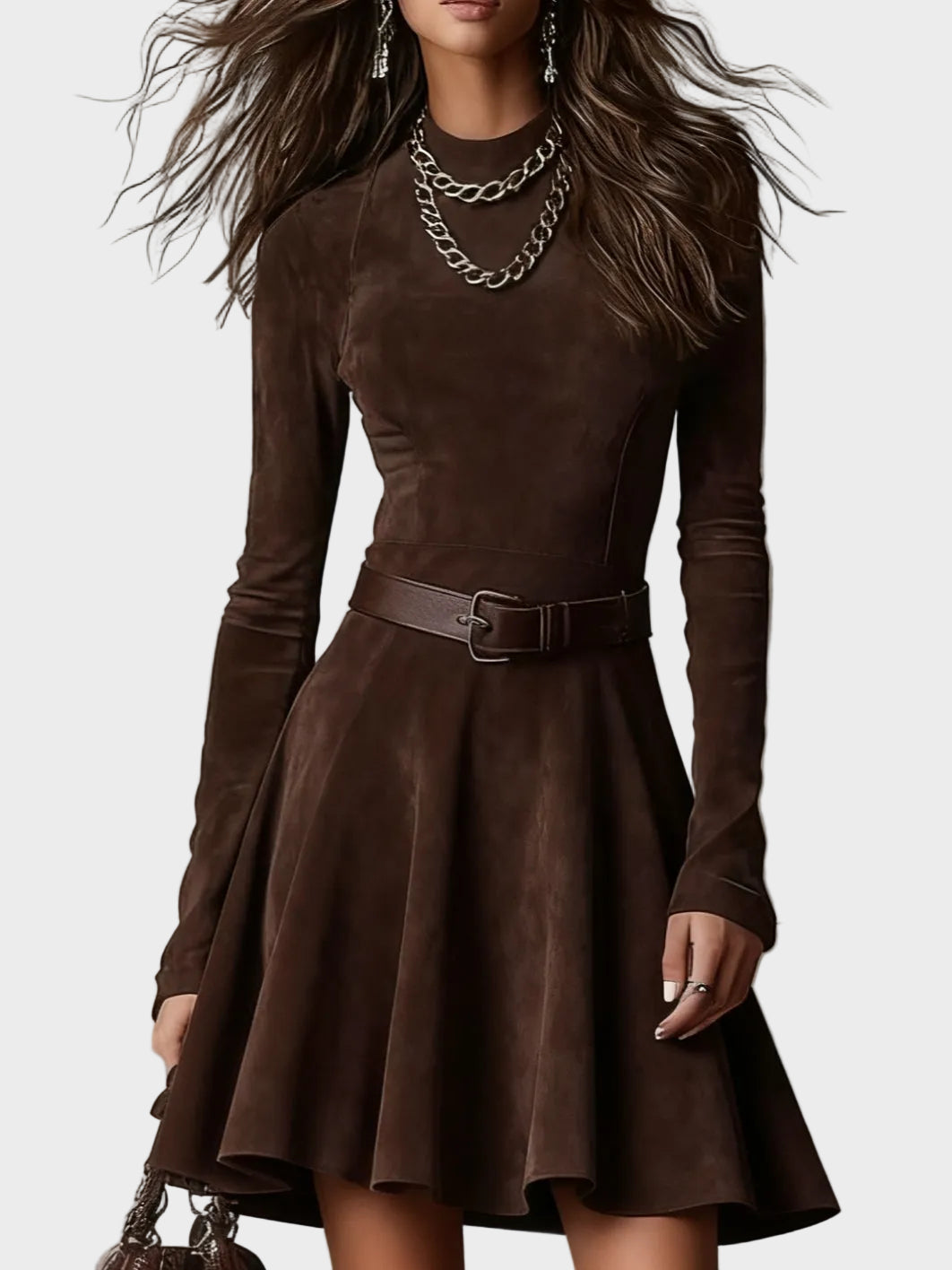 Liliane - robe vintage en suédine marron foncé à col roulé, autre vue