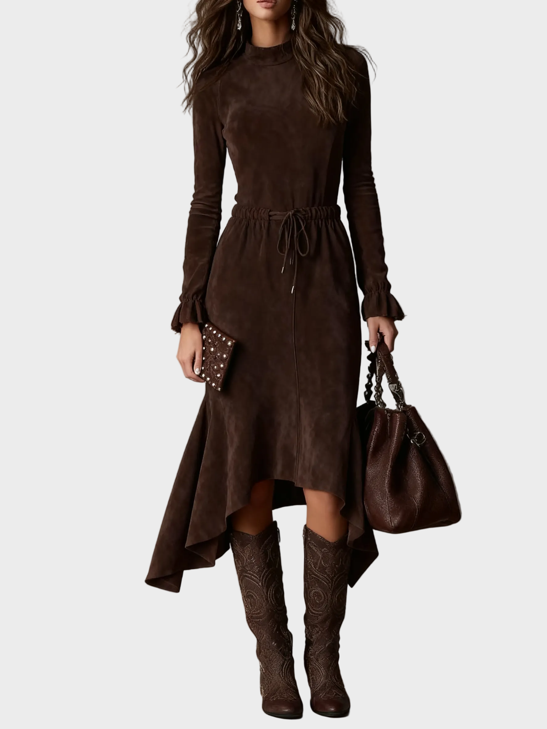 Marthe - robe midi élégante en suédine marron foncé à nouer | AMORA MODE