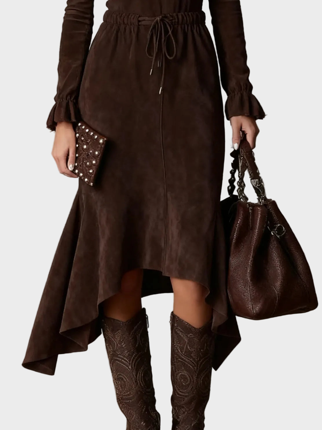 Marthe - robe midi élégante en suédine marron foncé à nouer, autre vue