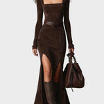 Églantine - robe maxi élégante en simili-cuir marron foncé à décolleté carré | AMORA MODE