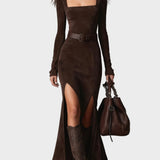 Églantine - robe maxi élégante en simili-cuir marron foncé à décolleté carré | AMORA MODE