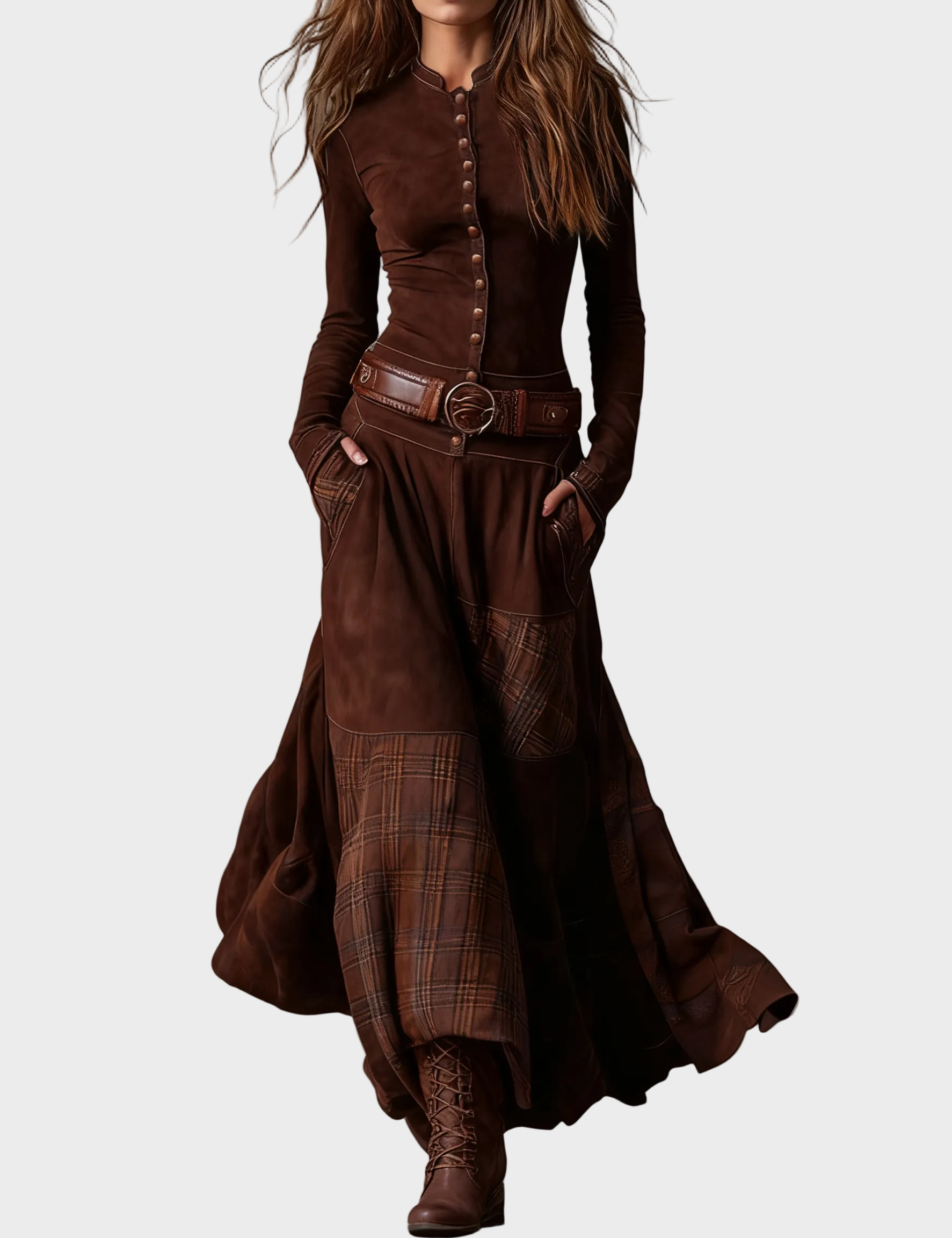 Helena : robe maxi en suédine bleu marine avec ceinture, vue détaillée