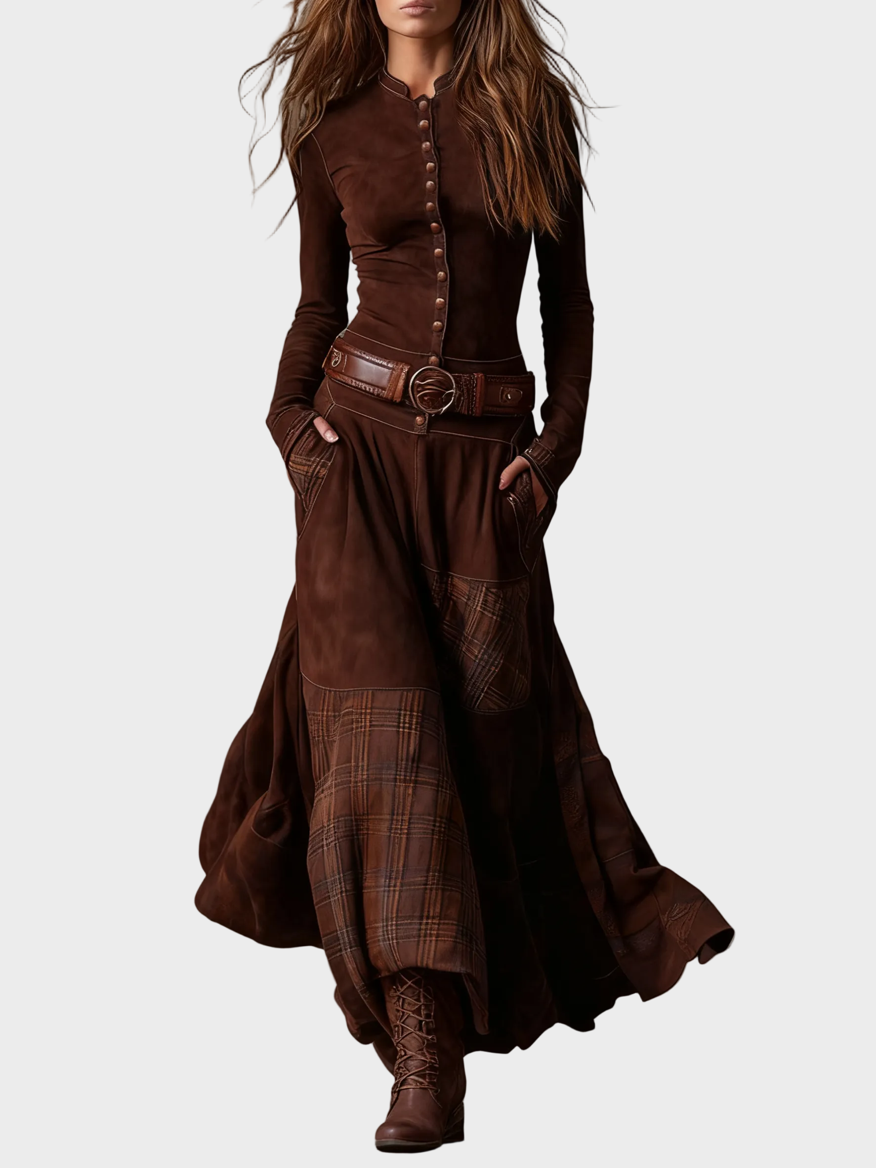 Helena : robe maxi en suédine bleu marine avec ceinture, vue détaillée