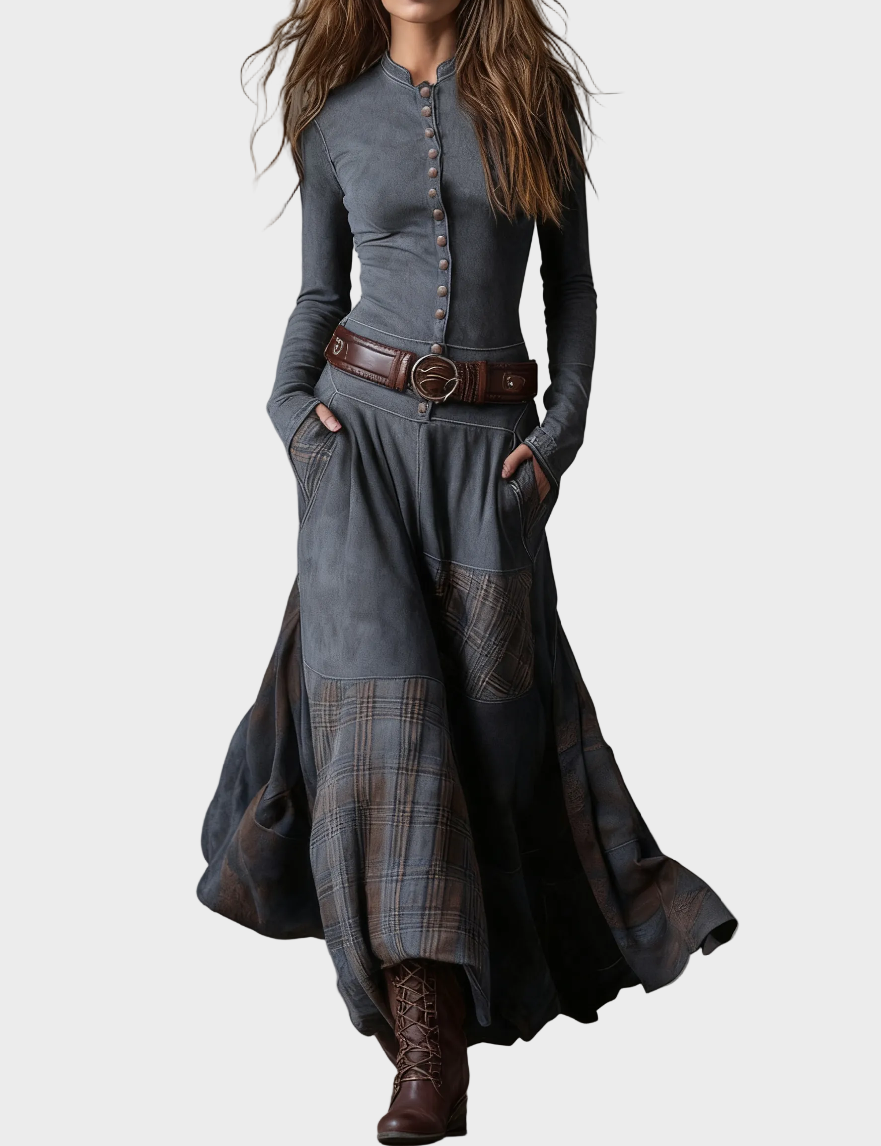 Helena : robe maxi en suédine bleu marine avec ceinture, gros plan