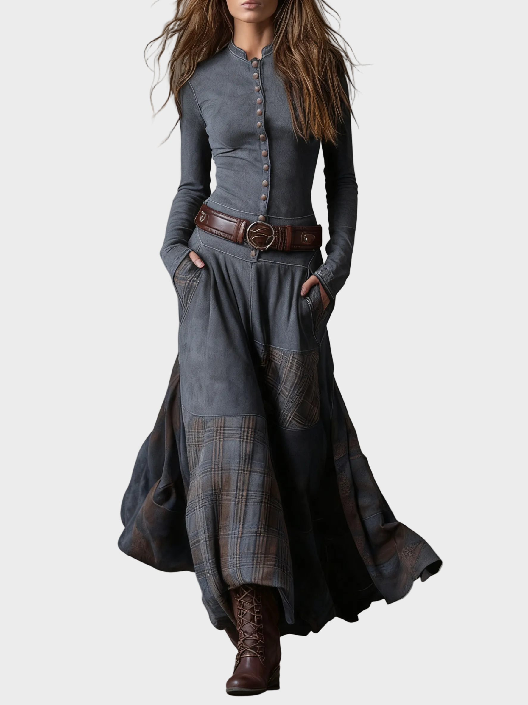 Helena : robe maxi en suédine bleu marine avec ceinture, gros plan