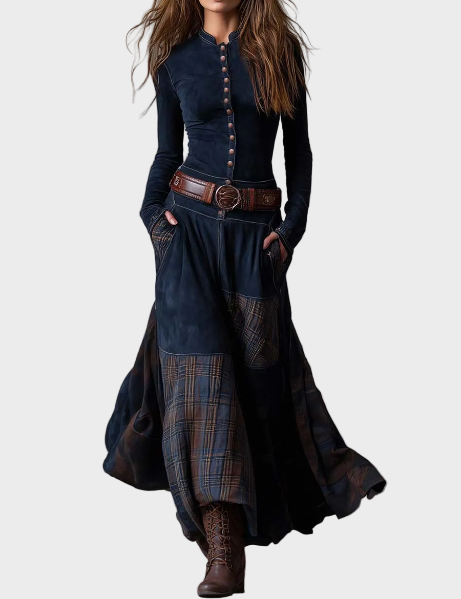 Helena - robe maxi en suédine bleu marine avec ceinture | AMORA MODE