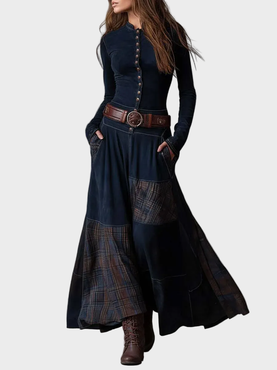 Helena : robe maxi en suédine bleu marine avec ceinture | AMORA MODE