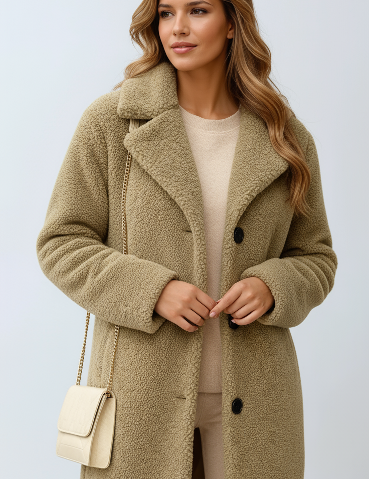 Sherra Manteau Teddy Long Femme – Veste Hiver Douce & Élégante à Boutons