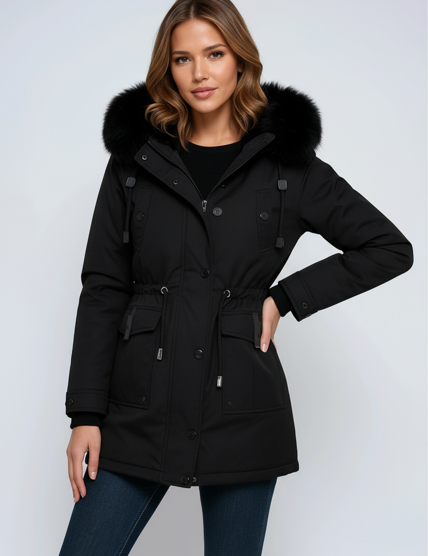 Leonor Parka Femme d’Hiver – Capuche avec Col en Fausse Fourrure & Taille Ajustable