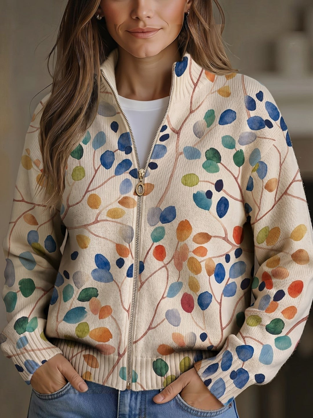 Angèle - Gilet à motif de feuilles multicolores - vue d'ensemble
