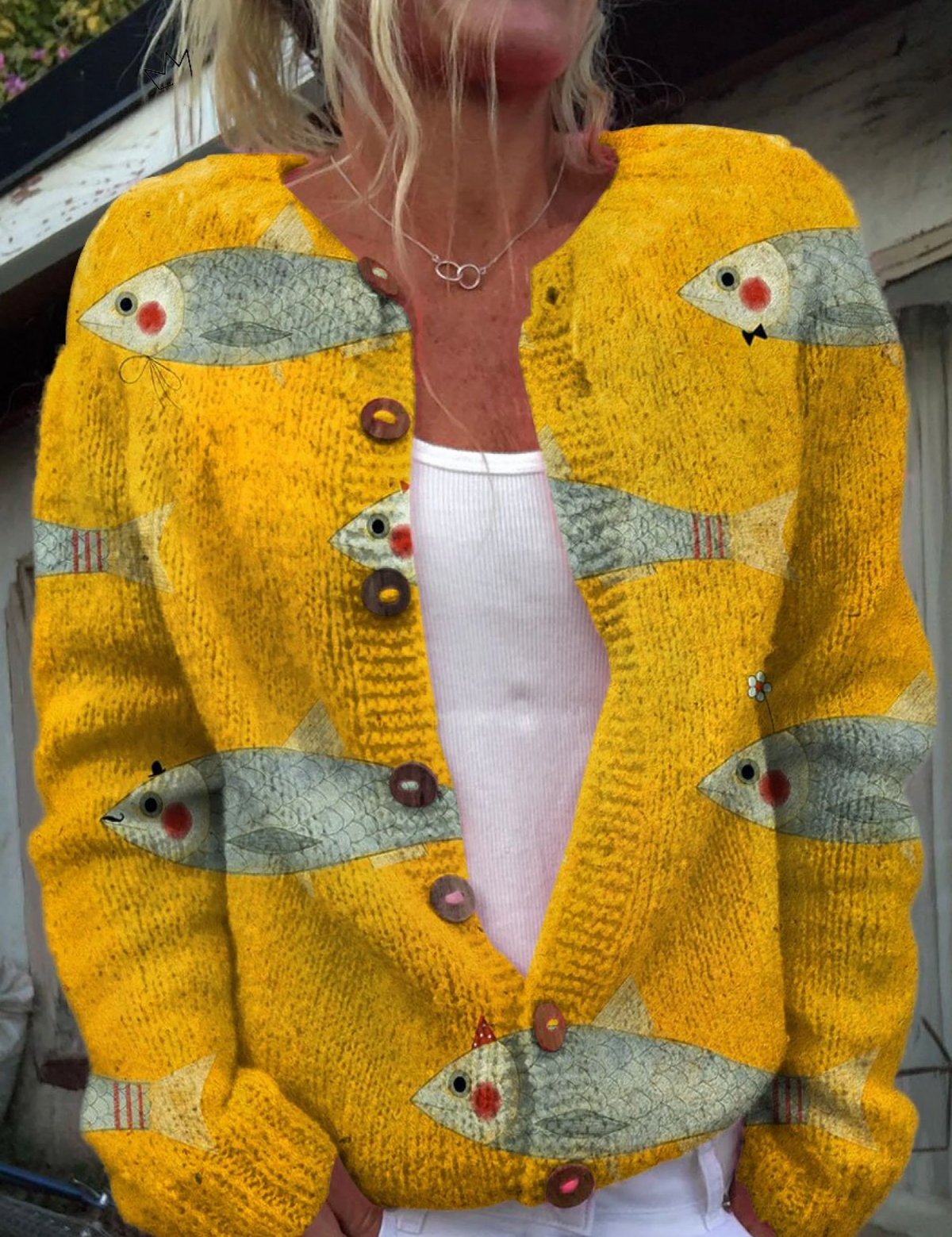 Annick - Cardigan jaune à motif de poissons - vue d'ensemble