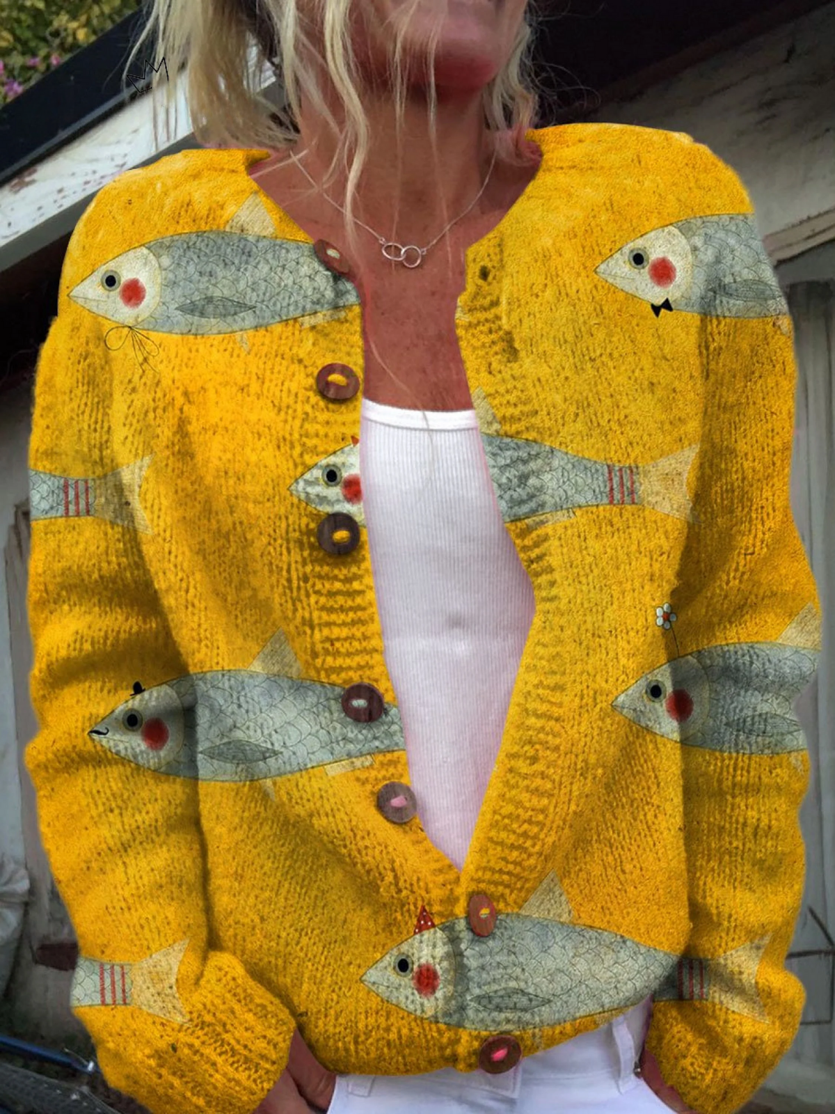 Annick - Cardigan jaune à motif de poissons - vue d'ensemble