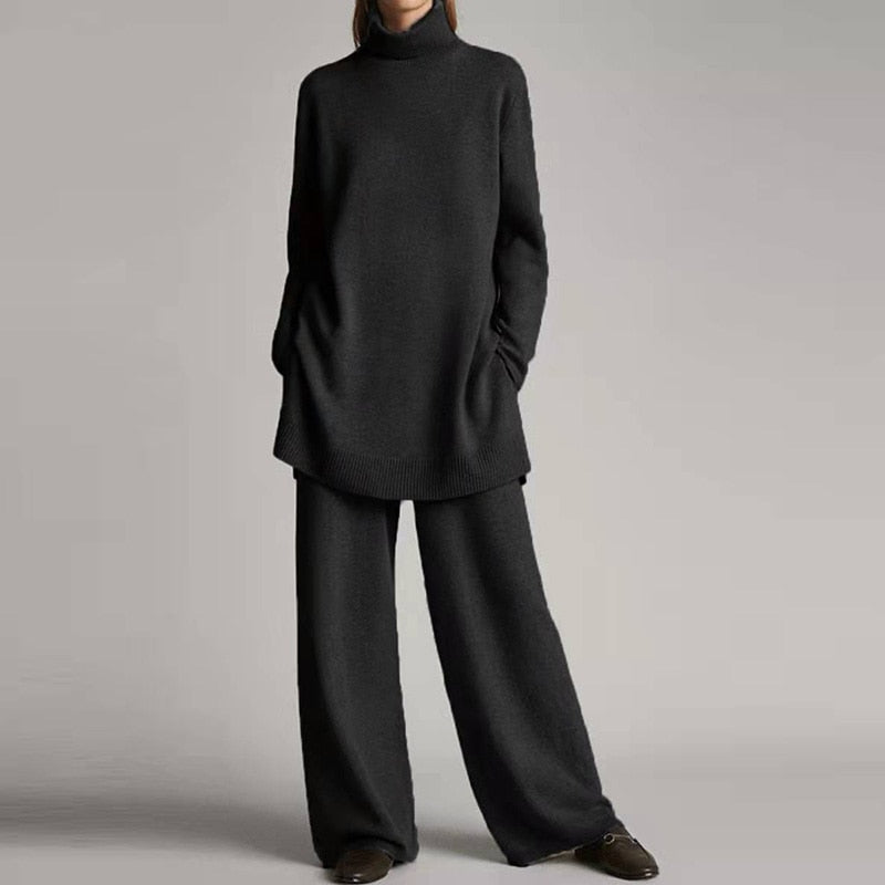 Samantha Ensemble Loungewear en Tricot pour Femme – Haut Doux à Col Roulé & Pantalon Évasé en Coupe Décontractée