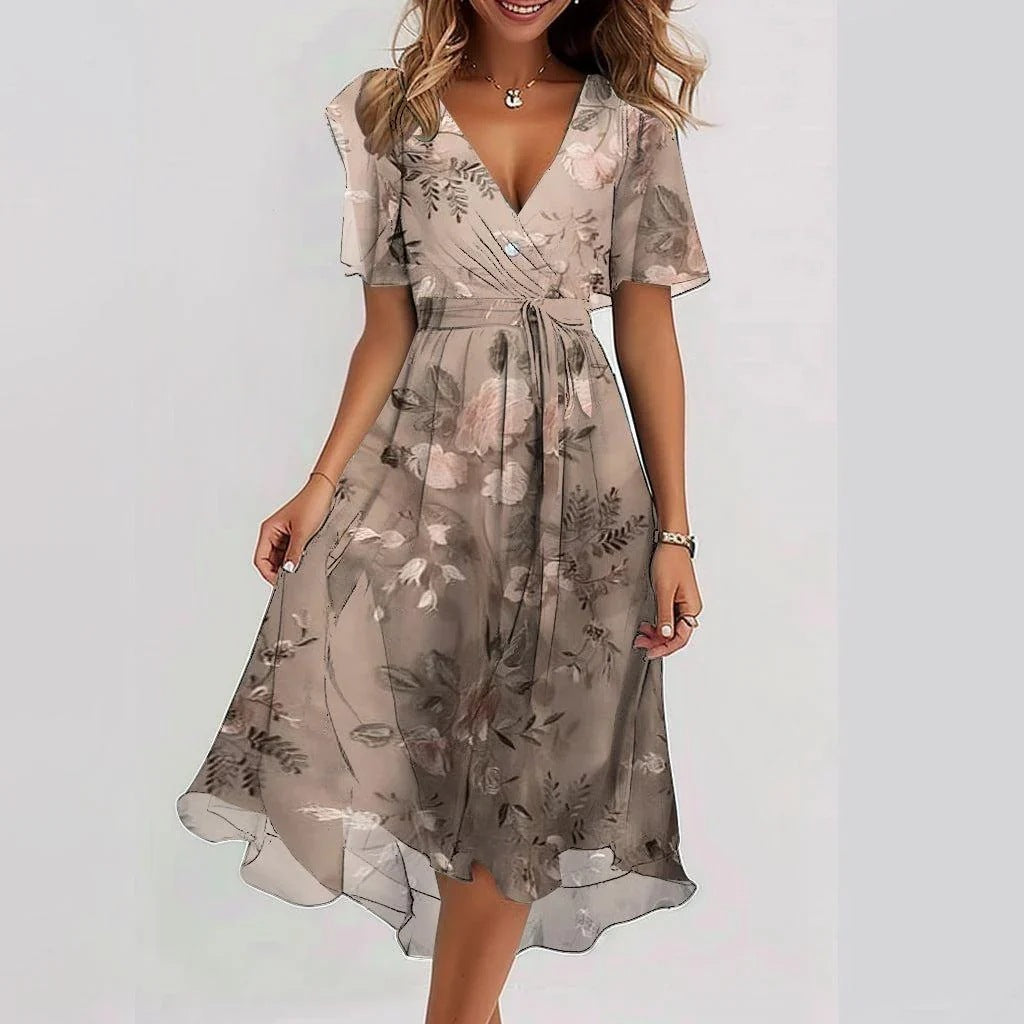 Emily Robe Midi Femme – Robe Légère en Chiffon avec Imprimé Fleuri, Décolleté en V & Taille Cintrée