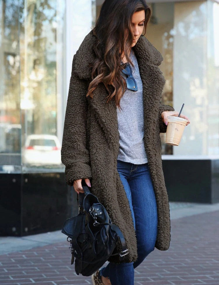 Mila Manteau Teddy Femme Long Oversize – Manteau d’Hiver Doux avec Col Revers Élégant