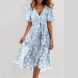 Emily Robe Midi Femme – Robe Légère en Chiffon avec Imprimé Fleuri, Décolleté en V & Taille Cintrée