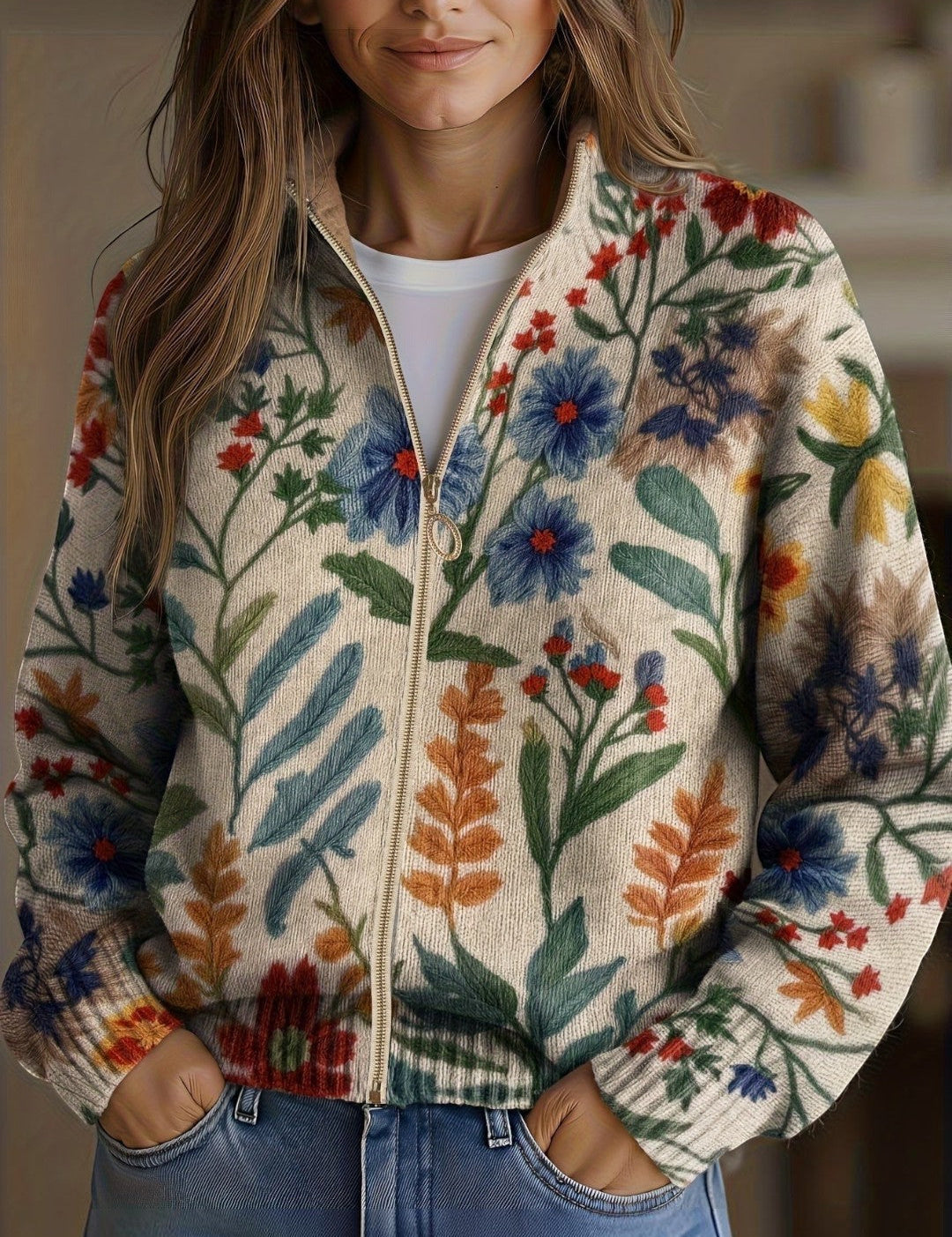 Bérangère - Gilet à motif floral botanique - vue d'ensemble