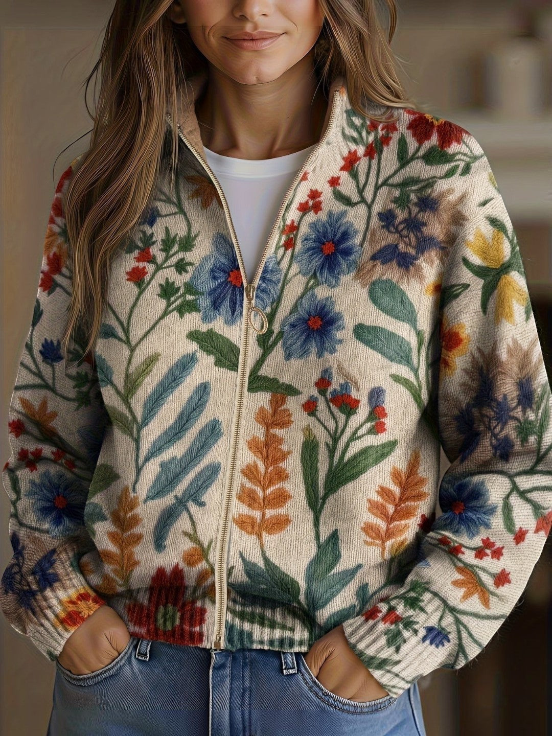 Bérangère - Gilet à motif floral botanique - vue d'ensemble