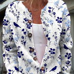 Blandine - Cardigan blanc et bleu à fleurs et oiseaux - vue d'ensemble