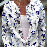 Blandine - Cardigan blanc et bleu à fleurs et oiseaux - vue d'ensemble