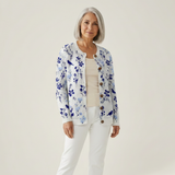 Blandine - Cardigan blanc et bleu à fleurs et oiseaux - vue de face