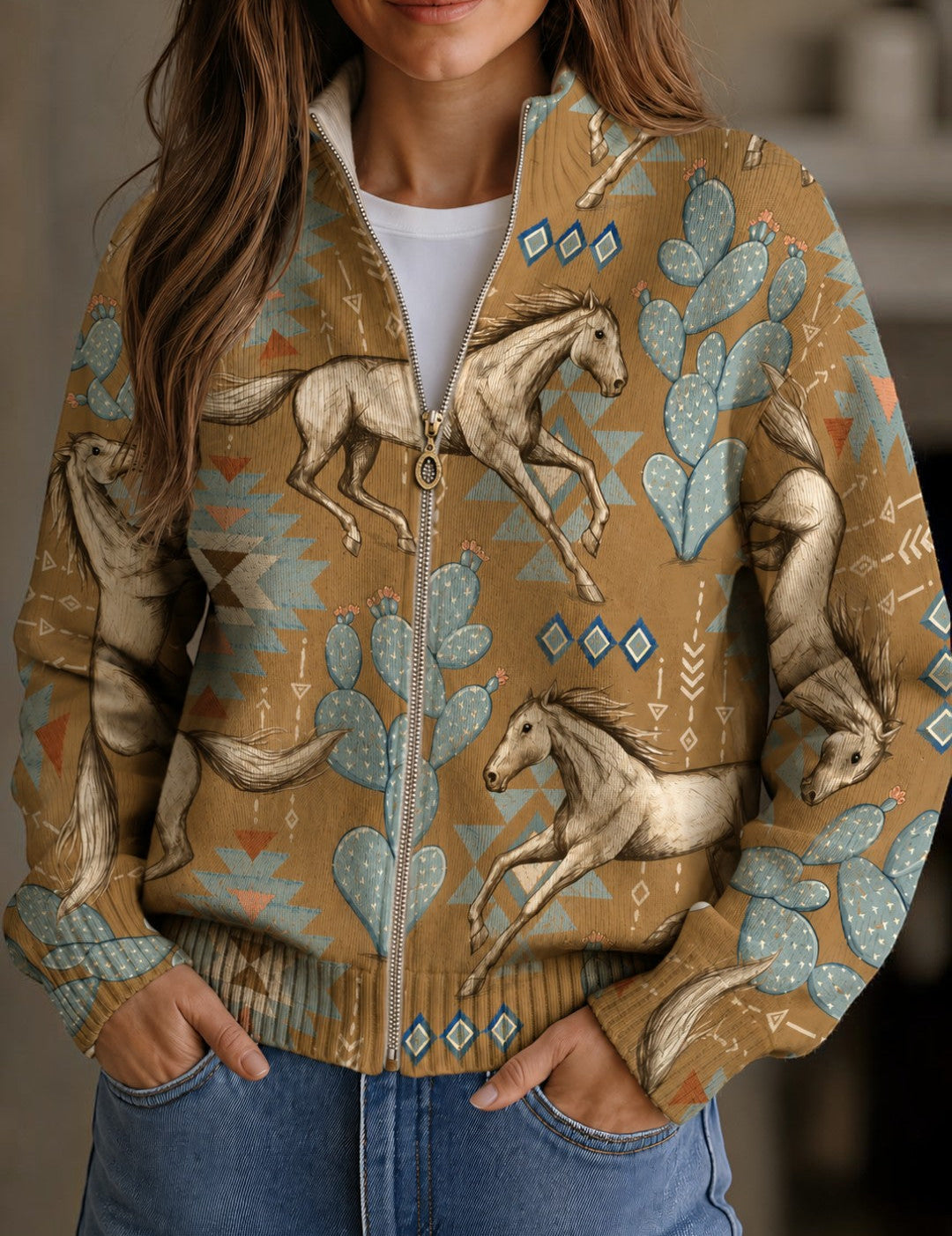 Brigitte - Gilet à motif de chevaux et de cactus - vue d'ensemble