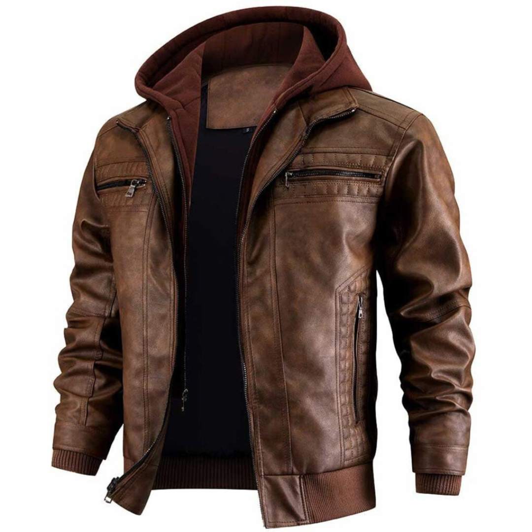Jace Veste Homme en Cuir – Style Moto Rétro avec Capuche & Fermeture Zippée