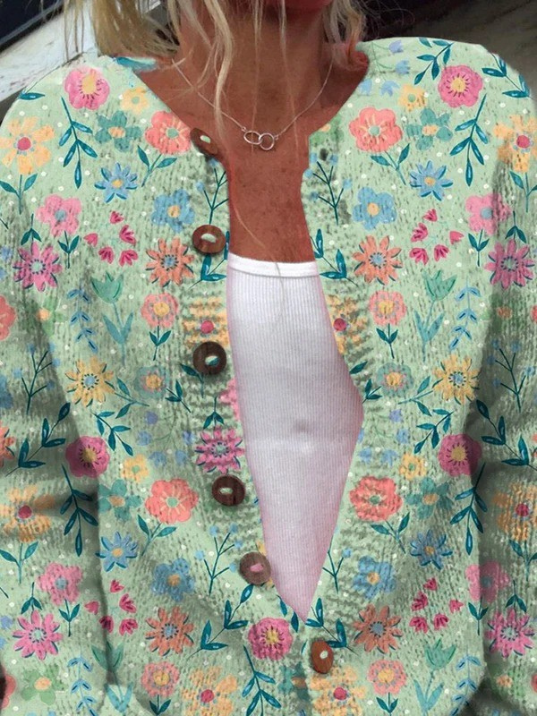 Claudine - Cardigan vert menthe à fleurs colorées - vue détaillée